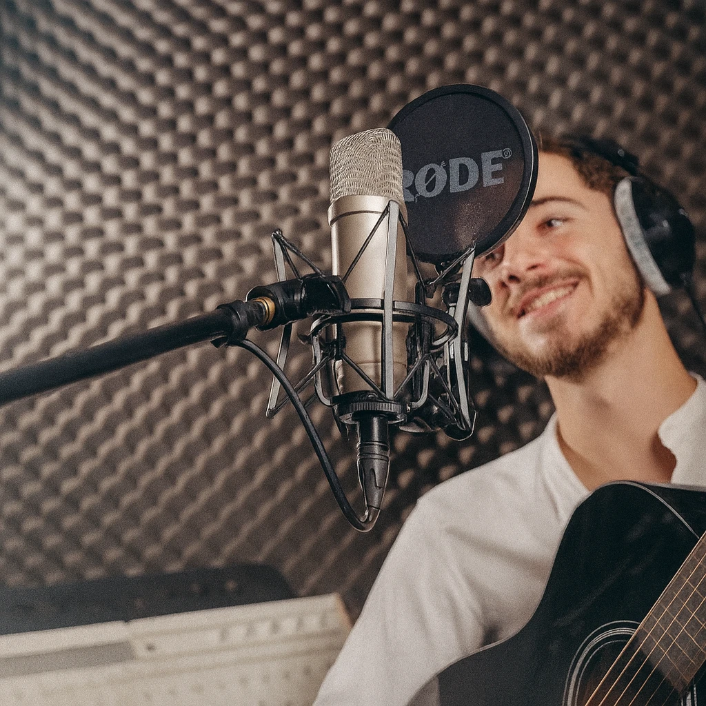 an artist using RODE NT2-A Microphone inside recording studio