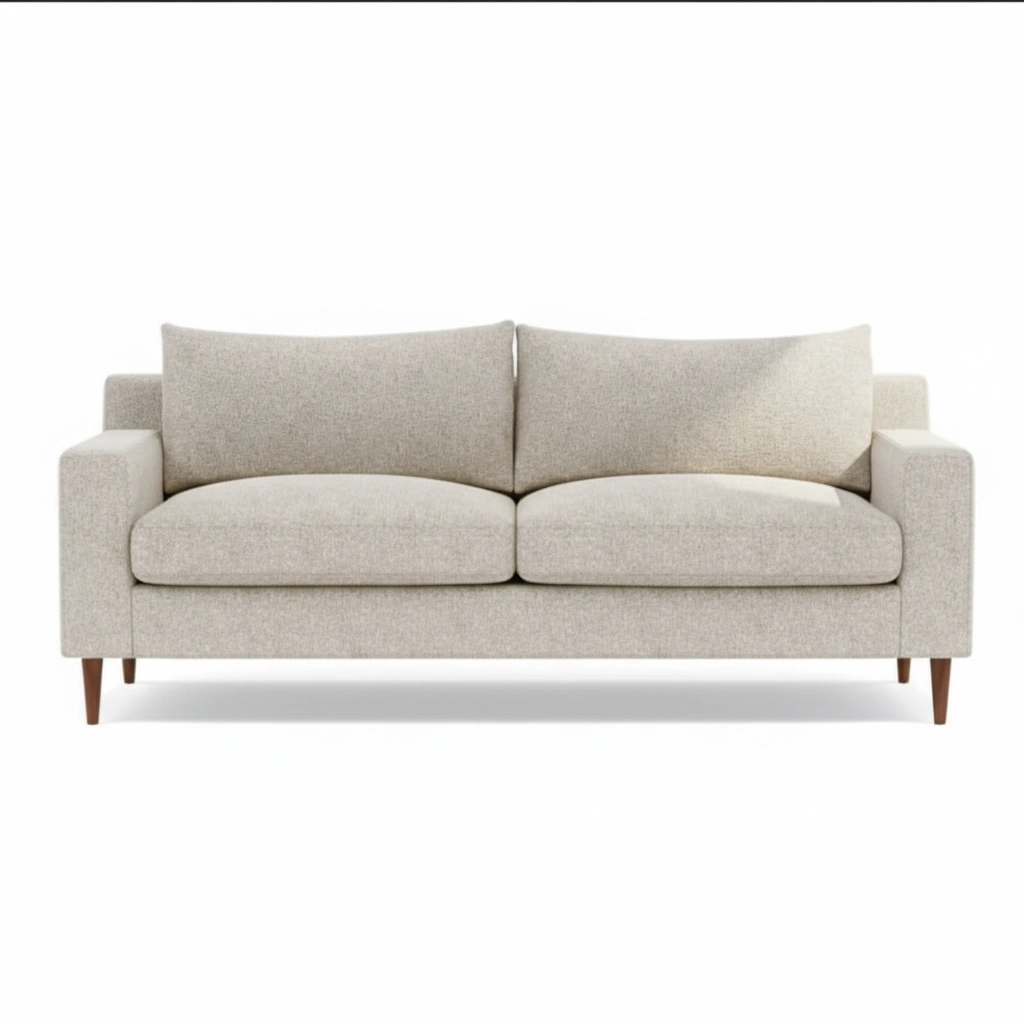 Modern 3-Seater Fabric Sofa with Tapered Wooden Legs for Podcasting Studios, in Cairo, Egypt, or across the Gulf region.